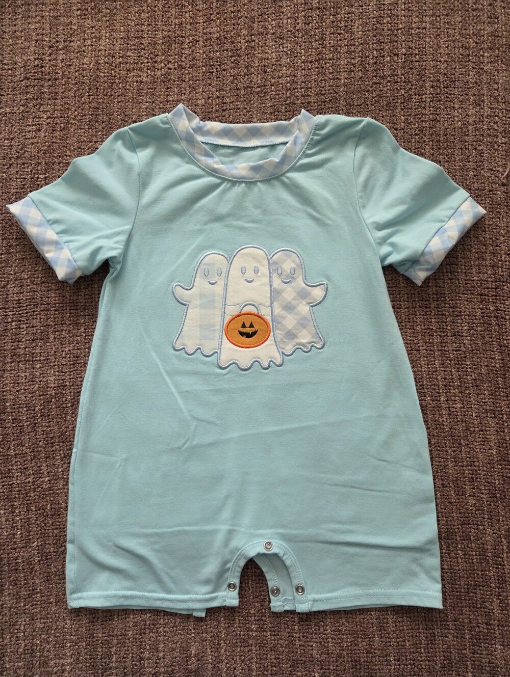 Boutique Halloween Ghost Pumpkin Romper Blue Gingham Trim 3T